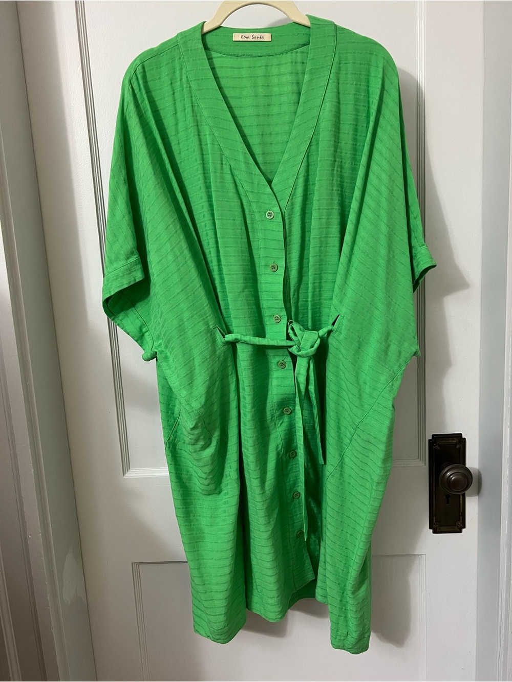 Green Button-Front Tie-Waist Dress